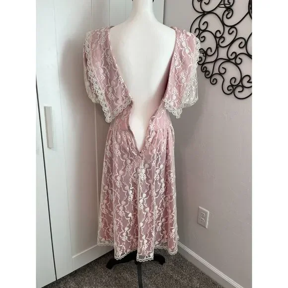 Vintage Gunne Sax Pink Lace & Satin Prairie Dress | Puff Sleeves - Picture 6 of 13